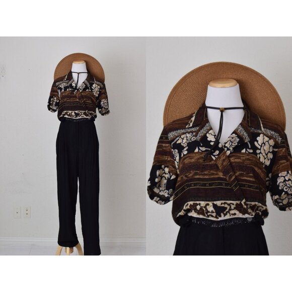 Vintage 90s Black/Brown Rayon Jumpsuit/Romper size 10 | 28-30 waist - Picture 1 of 10